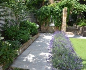 A garden with a stone path bordered by lavender and other plants, a brick wall with an opening, mirrors reflecting greenery, and a green lawn area.