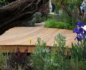 A curved wooden deck is surrounded by lush green plants, flowers, and trees in a tranquil Canada Garden setting.