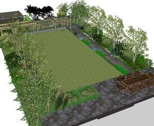 A 3D rendering of a landscaped garden featuring innovative 3D designs, with a central lawn, surrounding trees and plants, a paved patio area, and stylish outdoor dining furniture.