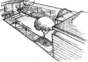 Black and white sketch of a backyard garden featuring a central tree, lawn, winding pathways, garden beds, a pergola, and a house on the right side.