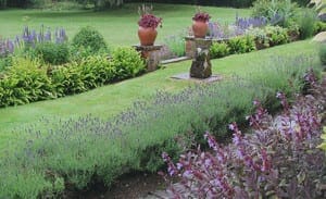 A well-maintained garden with trimmed grass, purple flowering plants, and two large terracotta pots with red flowers on stone pillars creates an Eastern Exotic ambiance.