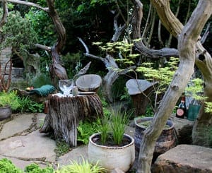 A rustic Chelsea garden seating area with wooden stump chairs and table, surrounded by potted plants, trees, and lush greenery.