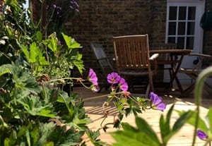 Purple flowers in the foreground brighten a cozy roof terrace, featuring a wooden patio table, chairs, and a brick wall with a glass door in the background.
