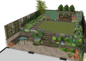 3D rendered garden design inspired by Queens Park, featuring tiered flower beds, a lawn, a wooden pergola with seating, a small shed, and a paved patio with table and chairs.