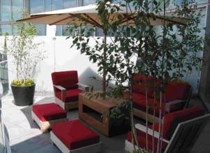 Outdoor patio seating area with red-cushioned chairs and ottomans, a wooden table, large potted plants, and a large umbrella for shade—perfect for relaxing in your own roof garden retreat.