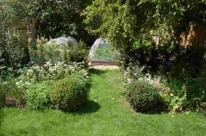 A tidy edible garden with a mowed grass path, trimmed shrubs, and greenhouse-style plant covers, surrounded by various green plants and trees.