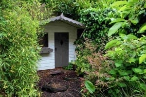 A small, white wooden shed with a gray door is nestled among dense, green foliage and plants, creating a charming focal point in lush gardens.
