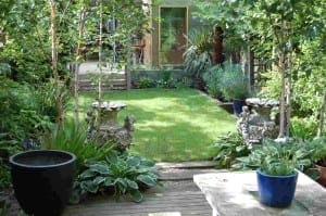 A landscaped garden with a manicured lawn, lush green Himalayan birch trees, stone statues, and a wooden deck adorned with potted plants in the foreground.
