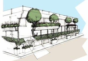 Architectural sketch of a modern building inspired by houseboat design, featuring large rectangular windows, rooftop greenery, balcony planters, and potted plants along the sidewalk.