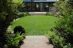 A neatly maintained garden with a rectangular lawn, surrounded by various green plants and shrubs, evokes the charm of classic oval gardens, leading to a modern glass-fronted building.