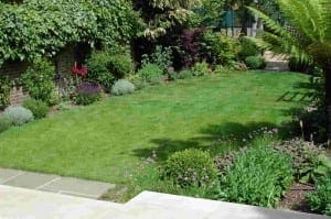 A neatly maintained oval garden with a central lawn, surrounded by various green plants and shrubs, and bordered by a brick wall and stone path.