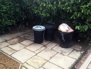 Three black outdoor trash bins—one with a lid, one without, and one topped with a bag of garbage—are placed on a paved area featuring subtle stone textures near green bushes.
