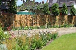 A landscaped garden with vibrant flowering plants, lush shrubs, and small trees bordered by a wooden fence and brick edging next to a green lawn.