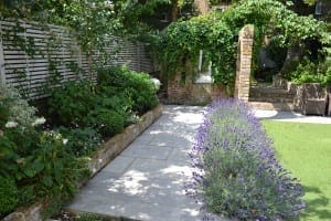 A garden in Hammersmith with a stone path bordered by lavender plants, a green lawn, leafy shrubs, a white slatted fence, and a brick wall covered with climbing plants.