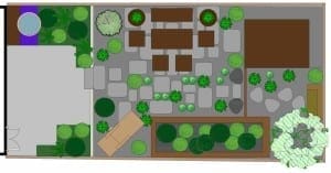 Overhead view of a landscaped Brook Green garden featuring seating areas, potted plants, trees, a water feature, and patio spaces arranged in a rectangular layout.