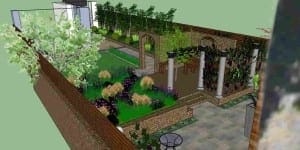 3D rendering of a walled garden in Hammersmith featuring a lawn, flower beds, paved areas, brick walls, columns, seating areas, and various green plants and trees.