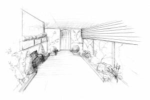 New rendering: Pencil sketch of a modern outdoor corridor with plants along the walls, a bench on the left, large potted plants, and a door at the far end.