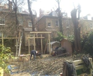 Person clearing branches with a wheelbarrow in a backyard, surrounded by pruned tree limbs and a nearby pergola; houses and sheds are visible in the background.
