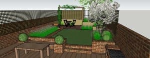 3D rendering of a small Brook Green backyard garden with brick raised beds, a lawn area, seating, fire pit, trees, and wooden fencing.