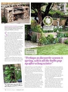 A landscaped garden, worthy of a feature in Modern Gardens Magazine, showcases a rustic brick barbecue, a dining table with chairs, flower beds of white tulips, and a close-up of the elegant Mount Tacoma variety.