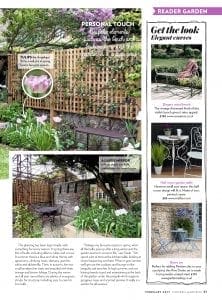 A landscaped garden with seating, flowering plants, a large mirror, wooden trellis, stone wall, and metal garden furniture; inset images show benches, tables, and a bistro set—perfect inspiration for any Modern Gardens Magazine garden article.