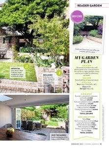 A garden article showcases a stunning makeover with a modern patio, wooden decking, outdoor dining set, lush plants, and raised stone beds—highlighted in striking before and after photos perfect for Modern Gardens Magazine.