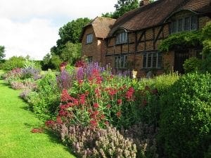 A traditional brick house with a sloped roof stands behind a lush garden filled with colorful flowers and green shrubs, featuring some of the top 10 plants for cottage style borders on a sunny day.