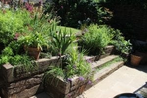 Raised garden beds with lush green plants and vibrant purple flowers sit beside a stone patio in a sunlit backyard, showcasing charming home design featured on Houzz.