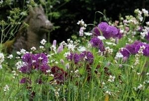 A stone animal statue partially hidden among tall grass and blooming purple and white wildflowers showcases one of the best planting pairs in the garden.