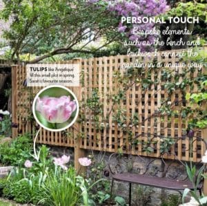 A garden with a wooden lattice fence, blooming tulips, lilacs, climbing plants, and a metal bench, with text highlighting personalized gardening elements.