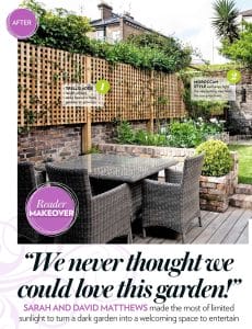 A modern garden patio with a wicker dining set, trellis fence, stone walls, and well-maintained plants in a small urban outdoor space.