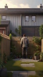A person in a gray hoodie stands facing a wooden fence in a small, neatly maintained backyard with plants and potted greenery.