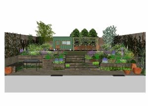 A chillout garden with terraced planting beds, a small green shed on wheels, outdoor dining area, and various plants, all enclosed by wooden fencing.
