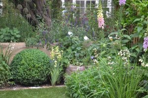 A landscaped garden with a floating bench, trimmed green shrub, various flowering plants, and tall foxgloves in front of a stone wall and window.