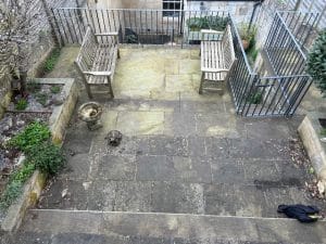 A stone patio with two wooden benches facing each other, potted plants buzzing with bees, a small birdbath, and a backpack on the lower step.