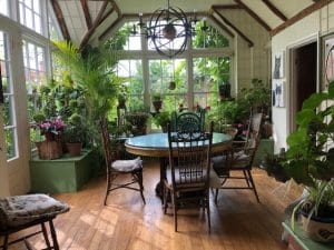 A sunlit room with large windows, a round table, four chairs, wooden floor, and various potted plants arranged on window sills and stands evokes the charm of a Secret Garden in the heart of the Chilterns.