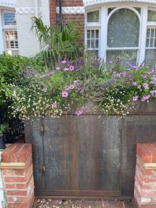 A metal gate in front of a house is topped with a planter filled with purple, pink, and white flowers, enhancing the front garden, with greenery and brick columns on either side.