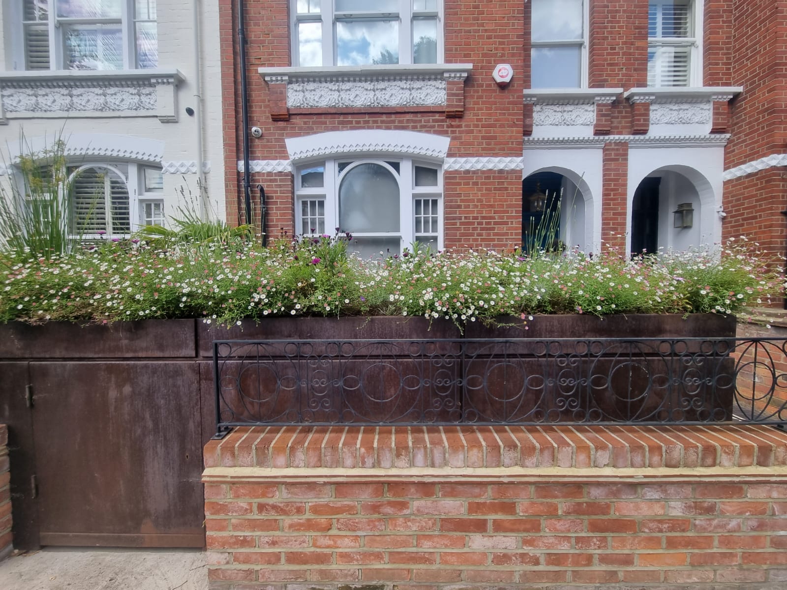 A brick townhouse with white trim and decorative railings, featuring a large raised front garden filled with small white and pink flowers.